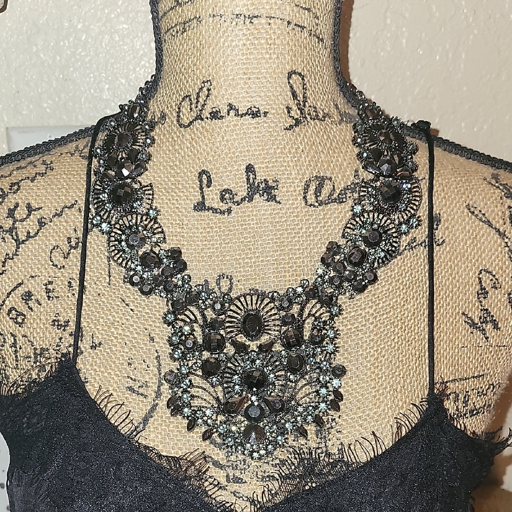 Anthropologie Black and Silver Collar Necklace with Intricate Design